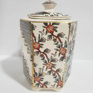 VTG  Masons Ironstone hexagon Lidded Jar With Applique Pattern,Multi-colored.